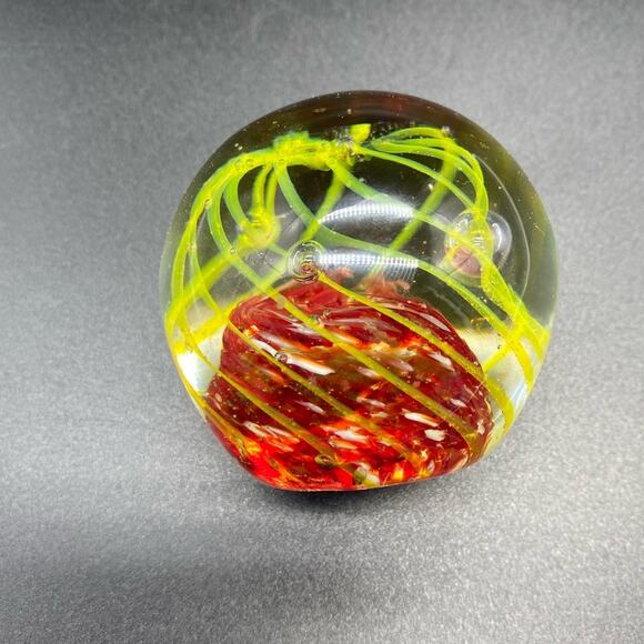Vintage Glass Paperweight Handblown Art Glass Paperweight Yellow Red Swirls - Picture 3 of 6
